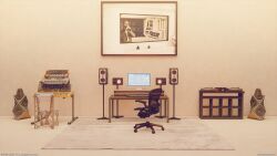 Rule 34 | car, chair, desk, drawing (object), gaming chair, highres, indoors, instrument, keyboard (instrument), mb0sco, monitor, motor vehicle, no humans, original, picture frame, rug, speaker, stairs, swivel chair, window