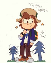 Rule 34 | 1girl, aged up, backpack, bag, blue sweater, brown hair, brown pants, clearmonbass, concept art, dipper pines, foxy (brown dust), fur hat, gravity falls, green bag, green hat, hand in pocket, hat, highres, looking to the side, pants, pine tree, shirt, shoes, short hair, smile, sneakers, sweater, tree, tree print, ushanka, watch, white shirt, wristwatch