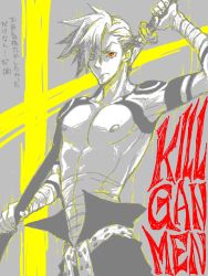 Rule 34 | 00s, 1boy, grey background, kamina (ttgl), limited palette, looking at viewer, male focus, parody, propaganda, red eyes, simple background, solo, tagme, tattoo, tengen toppa gurren lagann, topless male, translation request