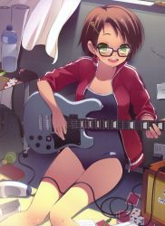 Rule 34 | 1girl, absurdres, amplifier, ball, bottle, brown hair, cable, card, curtains, dengeki moeou, electric guitar, glasses, green eyes, guitar, highres, instrument, jacket, one-piece swimsuit, open clothes, open jacket, playing card, rurino sakazuki, school swimsuit, short hair, sitting, sleeves pushed up, swimsuit, swimsuit under clothes, tennis ball, track jacket, water bottle