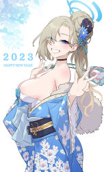 Rule 34 | 1girl, 2023, absurdres, alternate costume, alternate hairstyle, asuna (blue archive), bare shoulders, black choker, blue archive, blue eyes, blue kimono, breasts, brown hair, choker, commentary request, floral print, halo, happy new year, highres, japanese clothes, jjjsss, kimono, large breasts, long hair, looking at viewer, mole, mole on breast, new year, obi, print kimono, sash, sideboob, smile, solo, w
