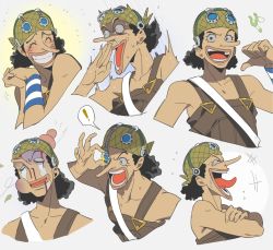 Rule 34 | !, 1boy, :d, ^ ^, afro, black hair, closed eyes, crying, expressions, eyewear on headwear, grin, hand up, hands up, hat, head bump, highres, injury, laughing, long nose, male focus, multiple views, one piece, open mouth, overalls, pointing, pointing at self, qin (7833198), simple background, slingshot (weapon), smile, usopp, white eyes
