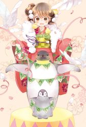 Rule 34 | 1girl, :d, bird, blush, brown eyes, brown hair, chick, commentary request, dove, emperor penguin, floral print, happy new year, japanese clothes, kimono, kuga tsukasa, looking at viewer, new year, obi, open mouth, original, penguin, pink background, red kimono, sash, smile, standing