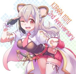 Rule 34 | 1girl, ;d, absurdres, animal ears, belt, black hair, braid, breasts, extra ears, gloves, grey hair, hamster ears, hand on own hip, hand up, highres, indie virtual youtuber, kirara mimi, long hair, lowlandgorilla, multicolored hair, necktie, one eye closed, open mouth, partially fingerless gloves, red eyes, red shorts, sheath, sheathed, shorts, shrug (clothing), single glove, single thighhigh, smile, solo, streaked hair, sword, thighhighs, virtual youtuber, weapon