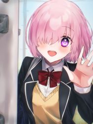 Rule 34 | 1girl, black jacket, blouse, blush, bow, bowtie, collared shirt, commentary request, door, fate/grand order, fate (series), hair over one eye, harukappa, highres, jacket, long sleeves, looking at viewer, mash kyrielight, mash kyrielight (spring&#039;s new master), official alternate costume, one eye covered, open clothes, open jacket, open mouth, pink hair, purple eyes, red bow, school uniform, shirt, short hair, smile, solo, teeth, uniform, upper body, upper teeth only, vest, white shirt, yellow vest