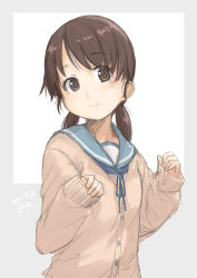 Rule 34 | 1girl, absurdres, beige cardigan, blue neckerchief, blue sailor collar, brown eyes, brown hair, cardigan, collared shirt, fyuo, grey background, highres, kantai collection, looking at viewer, low twintails, neckerchief, one-hour drawing challenge, parted bangs, sailor collar, school uniform, serafuku, shirayuki (kancolle), shirt, short twintails, solo, square, twintails, two-tone background, upper body