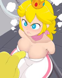Rule 34 | 1boy, 1girl, alternate hairstyle, angry, arms behind back, bare shoulders, biker clothes, bikesuit, blonde hair, blue eyes, bodysuit, bodysuit pull, bowser, breasts, bright pupils, cleavage, closed mouth, collarbone, colored skin, crown, downblouse, eyelashes, from above, frown, halberd, highres, imminent rape, large breasts, lips, long hair, mario (series), nintendo, no bra, official alternate costume, pink bodysuit, pink lips, pink scarf, polearm, ponytail, princess peach, puff of air, racing suit, scarf, sitting, solo focus, surrealtone, the super mario bros. movie, thick eyebrows, thick thighs, thighs, v-shaped eyebrows, weapon, white bodysuit, white pupils, yellow skin