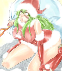 Rule 34 | 00s, 1girl, arrancar, bleach, boots, breasts, christmas, dunga, elbow gloves, facial mark, gloves, green hair, hat, hollow (bleach), large breasts, long hair, nelliel tu odelschwanck, number tattoo, red gloves, santa costume, santa hat, solo, tattoo, thighhighs, yellow eyes