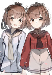 Rule 34 | 2girls, black sailor collar, brown eyes, brown hair, brown neckerchief, cherry blossoms, china dress, chinese clothes, commentary request, cowboy shot, dress, dual persona, flower, grey neckerchief, grey sailor collar, hair flower, hair ornament, hairclip, headgear, highres, kantai collection, kaomoji (sagor00237), multiple girls, neckerchief, open mouth, red shirt, round teeth, sailor collar, sailor dress, sailor shirt, shirt, short hair, simple background, speaking tube headset, tan yang (kancolle), teeth, upper teeth only, white background, white dress, yukikaze (kancolle)