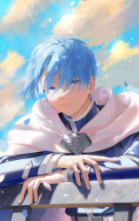 Rule 34 | 1boy, against railing, blue hair, blue jacket, cape, closed mouth, commentary request, day, fingernails, glint, hair between eyes, high collar, highres, himmel (sousou no frieren), initial, jacket, leaning, leaning forward, light rays, light smile, long bangs, long sleeves, looking at viewer, male focus, mole, mole under eye, peach luo, petals, purple eyes, railing, short hair, solo, sousou no frieren, sunlight, upper body, white cape, wind