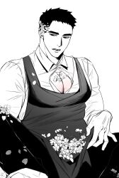 Rule 34 | 1boy, apron, bara, beware the ides of march, chlthd 990, collared shirt, flower, greyscale, hair flower, hair ornament, highres, large pectorals, male focus, monochrome, muscular, muscular male, open mouth, pants, park mok-hwa, partially unbuttoned, pectorals, petals, shirt, short hair, simple background, sitting, solo