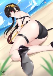 Rule 34 | 2girls, absurdres, alternate costume, anya (spy x family), ass, beach, bikini, black bikini, black footwear, black hair, blue sky, blurry, colored tips, depth of field, earrings, floating hair, flower, gold earrings, gold hairband, hair flower, hair ornament, hairband, high heels, highres, jewelry, kaos art, long hair, looking at viewer, lying, multicolored hair, multiple girls, ocean, on side, parted lips, partially submerged, red eyes, rose, short hair with long locks, sidelocks, sky, smile, solo focus, spikes, spy x family, struggling, swimsuit, thigh strap, thighs, yor briar