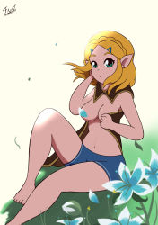Rule 34 | 1girl, barefoot, blonde hair, breasts, censored, censored nipples, cloak, convenient censoring, fant da fanto, flower, green eyes, highres, looking at viewer, medium breasts, navel, nintendo, open mouth, petal censor, petals, pinup (style), pointy ears, princess zelda, short hair, shorts, sitting, solo, the legend of zelda, the legend of zelda: breath of the wild, the legend of zelda: tears of the kingdom, topless