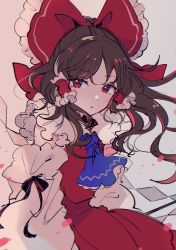 Rule 34 | 1girl, ascot, bare shoulders, blue ascot, blush, bow, brown hair, collar, commentary request, detached sleeves, eyelashes, flower, frills, grey background, hair tubes, hakurei reimu, highres, long hair, long sleeves, looking at viewer, mozukuzu (manukedori), open mouth, petals, red bow, red eyes, red skirt, red vest, shirt, simple background, skirt, solo, subterranean animism, touhou, vest, wavy hair, white flower, white shirt, wide sleeves