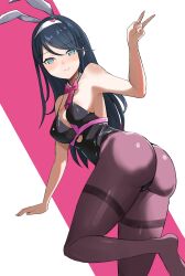 Rule 34 | absurdres, animal ears, arm up, armpits, ass, bent over, blue eyes, blush, breasts, hand up, highres, hoshino ichika (project sekai), leotard, looking at viewer, playboy bunny, project sekai, rabbit ears, rabbit hole (vocaloid), simple background, standing, standing on one leg, uwuasa, v