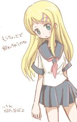 Rule 34 | 1girl, blonde hair, blush, character request, crying, green eyes, hair ornament, hairclip, head tilt, highres, long hair, parted bangs, pleated skirt, qt project, school uniform, serafuku, simple background, skirt, solo, translation request, white background
