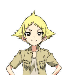 Rule 34 | 1girl, black eyes, blonde hair, blouse, brown shirt, closed mouth, collared shirt, erwin (girls und panzer), girls und panzer, grey shirt, hands on own hips, looking at viewer, mal (malmlamal), no headwear, no headwear, open clothes, open shirt, pointy hair, shirt, short hair, short sleeves, simple background, smile, solo, upper body, white background