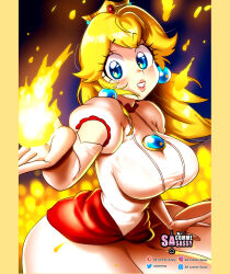 Rule 34 | 1girl, absurdres, black background, blonde hair, blue background, blue eyes, blush, border, breasts, cowboy shot, crown, dress, earrings, elbow gloves, fire, fire peach, gloves, gradient background, highres, jewelry, large breasts, long hair, looking at viewer, mario (series), nintendo, open mouth, princess peach, puffy short sleeves, puffy sleeves, sasa tseng, short sleeves, smile, solo, standing, the super mario bros. movie, white dress, white gloves, yellow border