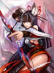 Rule 34 | 1girl, aiming, aiming at viewer, animal ears, armor, arrow (projectile), black eyes, black hair, bow (weapon), breasts, cherry blossoms, detached sleeves, drawing bow, facial mark, frostce, gloves, hair ornament, headband, highres, holding, holding bow (weapon), holding weapon, jewelry, lightning, lips, long hair, necklace, pendant, petals, side slit, sideboob, signature, smile, solo, tail, weapon