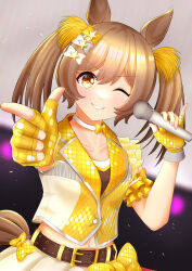 Rule 34 | 1girl, absurdres, animal ears, blurry, blurry background, blush, bow, breasts, brown eyes, commentary request, fingerless gloves, gloves, grin, hair between eyes, hair bow, highres, holding, holding microphone, horse ears, horse girl, horse tail, looking at viewer, medium hair, microphone, midriff, navel, official alternate costume, pointing, pointing at viewer, skirt, sleeveless, sleeveless jacket, small breasts, smart falcon (twilight triumph) (umamusume), smart falcon (umamusume), smile, solo, stage, sumiki 173, tail, twintails, umamusume, upper body, white skirt, yellow bow