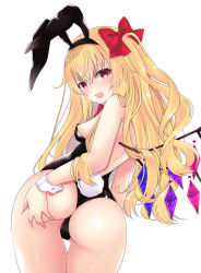 Rule 34 | 1girl, alternate hair length, alternate hairstyle, animal ears, ass, ass grab, back, bare arms, bare shoulders, black hairband, black leotard, blonde hair, blush, bow, breasts, rabbit ears, rabbit tail, fake animal ears, fake tail, fang, flandre scarlet, from behind, grabbing own ass, hair between eyes, hair bow, hairband, leotard, long hair, looking at viewer, looking back, open mouth, playboy bunny, red bow, red eyes, simple background, small breasts, smile, solo, tail, thigh gap, thong leotard, tosakaoil, touhou, wavy hair, white background, wings, wrist cuffs