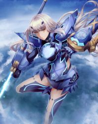 Rule 34 | 1girl, absurdres, armor, armored dress, blue armor, blue dress, blue legwear, blue sky, breastplate, breasts, brown eyes, dress, melusine (fate), melusine (first ascension) (fate), fate/grand order, fate (series), faulds, forked eyebrows, highres, kankitsurui (house of citrus), long hair, looking at viewer, mask, pauldrons, short dress, shoulder armor, sidelocks, sky, small breasts, solo, thighs, weapon, white hair