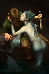 Rule 34 | 1boy, 1girl, ass, astor alexander, blue hair, blue skin, braid, breasts, colored skin, dark background, fins, highres, holding, holding sword, holding weapon, link, mermaid, monster girl, nintendo, partially submerged, pointy ears, princess ruto, realistic, redesign, rock, sideboob, sitting, sword, fish tail, the legend of zelda, water, weapon, wet, wet hair, zora
