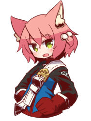 Rule 34 | 1girl, 7th dragon, 7th dragon (series), :d, animal ear fluff, animal ears, belt, belt buckle, blue jacket, blush, buckle, cat ears, cropped torso, fang, fighter (7th dragon), gloves, green eyes, hair between eyes, hair bobbles, hair ornament, harukara (7th dragon), head tilt, jacket, long sleeves, looking at viewer, naga u, one side up, open mouth, pink hair, red gloves, simple background, smile, solo, white background, white belt