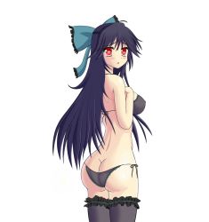 Rule 34 | 1girl, ass, black hair, blush, bow, bra, breasts, butt crack, from behind, hair bow, heart, heart-shaped pupils, long hair, looking back, open mouth, panties, red eyes, reiuji utsuho, sideboob, solo, symbol-shaped pupils, thighhighs, touhou, underwear, wisp d