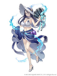 Rule 34 | 1girl, bikini, black hair, breasts, cleavage, full body, hat, high heels, highres, ji no, kaguya (sinoalice), large breasts, long hair, looking at viewer, nail polish, navel, official art, sinoalice, skull, smile, solo, square enix, straw hat, swimsuit, white background