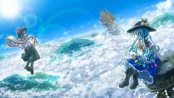 Rule 34 | 2girls, above clouds, architecture, black headwear, blouse, blue hair, blue skirt, blue sky, boots, bow, capelet, castle, chamaji, cloud, commentary request, cross-laced footwear, east asian architecture, floating, floating castle, flying, food, frills, fruit, hand in own hair, hat, hat bow, hat ribbon, hinanawi tenshi, keystone, leaf, lens flare, long hair, looking back, mountain, multiple girls, nagae iku, outdoors, peach, purple hair, red bow, red eyes, ribbon, rock, rope, shawl, shide, shimenawa, shining needle castle, shirt, shoes, short sleeves, skirt, sky, smile, sun, touhou, upside-down, white shirt