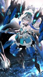 Rule 34 | 1girl, bare shoulders, black collar, blue hair, blue necktie, blurry, blurry foreground, breasts, bronya zaychik, circle, city, cleavage, collar, colored inner hair, detached collar, dress, expressionless, eyelashes, floating hair, full body, grey eyes, guaisanmu, hair between eyes, highres, honkai (series), honkai impact 3rd, light particles, long hair, looking at viewer, mecha, mechanical arms, mechanical legs, multicolored hair, necktie, night, night sky, parted lips, pleated skirt, robot, short dress, skirt, sky, small breasts, solo, star (sky), starry sky, strapless, strapless dress, very long hair, wallpaper, white dress, white hair