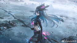 Rule 34 | 1girl, blue eyes, blue hair, breast curtains, breasts, building, chinese commentary, cityscape, commentary, cowboy shot, cyborg, from side, glowing clothes, hair between eyes, headgear, holding, holding polearm, holding weapon, horizon, lamia (npc) (punishing: gray raven), lamia (punishing: gray raven), long bangs, long hair, looking at viewer, looking to the side, mechanical arms, mechanical parts, medium breasts, midriff, ocean, overcast, polearm, punishing: gray raven, purple eyes, ringed eyes, sky, skyscraper, solo, stomach, two-tone eyes, underboob, weapon, weibo logo, weibo watermark, wet camera, wisda