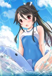 Rule 34 | 1girl, :o, bare arms, bare shoulders, blue sky, blush, breasts, brown hair, casual one-piece swimsuit, cloud, collarbone, commentary request, day, hair between eyes, hair ribbon, high ponytail, high school fleet, highres, inflatable shark, inflatable toy, looking at viewer, medium breasts, munetani mashiro, neko danshaku, one-piece swimsuit, open mouth, outdoors, ponytail, red eyes, ribbon, sitting, sky, solo, swimsuit, water, white ribbon