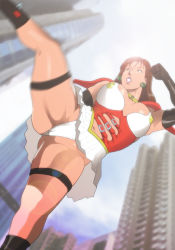 Rule 34 | arm up, blurry, blurry background, bomber girl (1993 manga), boots, borrowed character, bouncing breasts, breasts, brown hair, cameltoe, cape, choker, clothing cutout, corset, curvy, earrings, elbow gloves, from below, gloves, gluteal fold, green eyes, groin, highres, jewelry, kicking, large breasts, leg lift, lens flare, lipstick, long hair, looking away, looking to the side, makeup, miniskirt, mole, motion blur, nappii (nappy happy), navel, navel cutout, open mouth, photo background, pleated skirt, rashomon emii, shiny skin, skirt, sky, superhero costume, thick thighs, thigh strap, thighs, thong, underwear