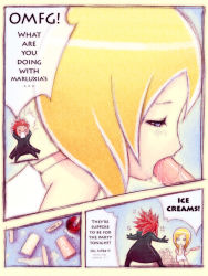 Rule 34 | axel, black coat (kingdom hearts), blonde hair, blue eyes, blush, comic, english text, food, ice cream, kingdom hearts, kingdom hearts chain of memories, mike inel, namine, red hair, sexually suggestive