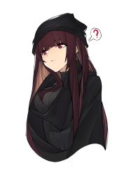 Rule 34 | 1girl, ?, absurdres, beanie, blush, breasts, closed mouth, cropped torso, girls&#039; frontline, hat, highres, inxst, large breasts, long hair, looking away, purple hair, red eyes, ribbed sweater, scarf, sidelocks, simple background, solo, sweater, tsurime, very long hair, wa2000 (girls&#039; frontline), white background