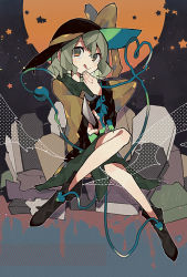 Rule 34 | 1girl, :q, black footwear, black hat, blouse, blush, boots, bow, closed mouth, commentary, fingernails, frilled sleeves, frills, full body, green eyes, green hair, green skirt, hair between eyes, hand up, hat, hat bow, hatsushiro mamimu, heart, heart of string, highres, holding, holding knife, knife, komeiji koishi, long sleeves, looking at viewer, moon, orange moon, pointing weapon, shirt, short hair, sitting, skirt, smile, solo, third eye, tombstone, tongue, tongue out, touhou, wide sleeves, yellow bow, yellow shirt