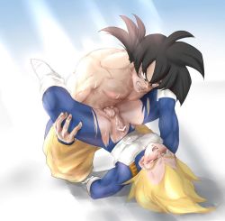 Rule 34 | 2boys, anal, blonde hair, censored, clothed sex, dragon ball, male focus, male penetrated, multiple boys, muscular, penis, sex, son goku, sweat, torn clothes, vegeta, yaoi