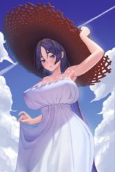 Rule 34 | 1girl, armpits, bare shoulders, blue sky, blush, breasts, clothes lift, contrail, dress, fate/grand order, fate (series), from below, halterneck, hat, highres, holding, holding clothes, holding hat, holding skirt, huge breasts, large breasts, long hair, mature female, minamoto no raikou (fate), parted bangs, purple eyes, purple hair, ruinabyss, skirt, skirt lift, sky, straw hat, sun hat, thick eyebrows, very long hair, white dress