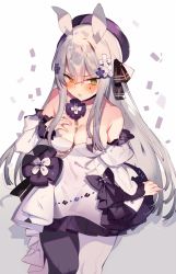 Rule 34 | 1girl, animal ears, asymmetrical legwear, bare shoulders, beret, between breasts, blunt bangs, blush, bow, breasts, choker, cleavage, collarbone, detached sleeves, dress, facial mark, frilled sleeves, frills, girls&#039; frontline, green eyes, hair ornament, hair ribbon, hand on own chest, hat, highres, hk416 (girls&#039; frontline), hk416 (herbal-flavored hard candy) (girls&#039; frontline), juliet sleeves, large breasts, long hair, long sleeves, looking at viewer, mismatched legwear, official alternate costume, pantyhose, puffy sleeves, purple bow, purple dress, purple hat, purple pantyhose, rabbit ears, ribbon, sitting, solo, soukou makura, strapless, strapless dress, teardrop, two-tone dress, v-shaped eyebrows, very long hair, white dress, white hair, white pantyhose