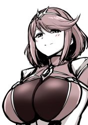 Rule 34 | 1girl, armor, blush, breasts, kanno takanori, large breasts, looking at viewer, nintendo, pyra (xenoblade), red eyes, red hair, short hair, shoulder armor, sidelocks, simple background, smile, solo, swept bangs, tiara, upper body, v arms, white background, xenoblade chronicles (series), xenoblade chronicles 2