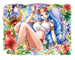 Rule 34 | 1girl, blue hair, flower, hibiscus, leaf, long hair, midriff, nefertari vivi, official art, one piece, one piece treasure cruise, open mouth, red flower, solo, solo focus, teeth, yellow flower