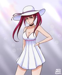 Rule 34 | 1girl, absurdres, bare shoulders, bleach, blush, breasts, cleavage, dokugamine riruka, dress, earrings, hand on own hip, hat, highres, jewelry, large breasts, long hair, mistowing, open mouth, pink hair, shiny skin, simple background, solo, standing, sun hat, tsundere, twintails