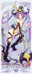 Rule 34 | 1girl, axe, bad id, bad pixiv id, bare shoulders, battle axe, breasts, cleavage, collarbone, earrings, elbow gloves, gloves, hat, highres, jewelry, long hair, long image, navel, pixiv fantasia, pixiv fantasia 5, pointy ears, purple eyes, purple hair, reika (clovia studio), small breasts, solo, tall image, tongue, weapon, witch hat