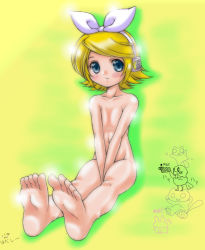 Rule 34 | 1girl, bad id, bad pixiv id, barefoot, blonde hair, blue eyes, buzzsaw (basso), feet, female focus, flat chest, full body, gradient background, hair ornament, hairclip, headphones, kagamine rin, legs, navel, nude, ribbon, short hair, sitting, smile, soles, solo, vocaloid