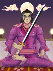 Rule 34 | 1boy, alternate form, barefoot, bead necklace, beads, black hair, blue eyes, closed mouth, cloud, crossed arms, full body, full moon, highres, holding, holding sword, holding weapon, japanese clothes, jewelry, katana, kouzuki momonosuke, laferey, long hair, looking at viewer, male focus, medium hair, moon, necklace, one piece, outdoors, sitting, solo, sword, traditional clothes, v-shaped eyebrows, weapon