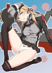 Rule 34 | 10s, 1girl, blonde hair, clothing aside, come hither, female pubic hair, gradient background, green eyes, hat, kantai collection, ningen (ningen96), panties, panties aside, peaked cap, pleated skirt, polka dot, polka dot background, prinz eugen (kancolle), pubic hair, skirt, socks, solo, striped, striped background, thighhighs, twintails, underwear, white panties