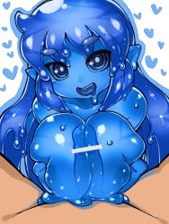 Rule 34 | 1boy, 1girl, :d, bad id, bad twitter id, bar censor, blue eyes, blue hair, blue outline, blue sclera, blue skin, breasts, censored, colored sclera, colored skin, commentary request, fukurou (owl222), heart, hetero, highres, inactive account, inverted nipples, large breasts, long hair, monster girl, nipples, open mouth, original, outline, paizuri, penis, pointy ears, pov, pov crotch, see-through, see-through body, shirt, simple background, slime girl, smile, solo focus, white shirt