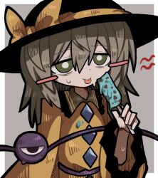 Rule 34 | black hat, blush, border, bow, buttons, diamond button, food, frilled shirt collar, frilled sleeves, frills, green eyes, grey background, grey hair, hat, hat bow, highres, ice cream, komeiji koishi, long sleeves, motion lines, outside border, smile, sweatdrop, sweater, third eye, tongue, tongue out, touhou, upper body, white border, yellow bow, yellow sweater, zunusama